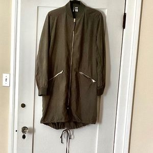 DIVIDED  Long BomberJacket/Coat Zip Front Sz.12  Olive Green  New